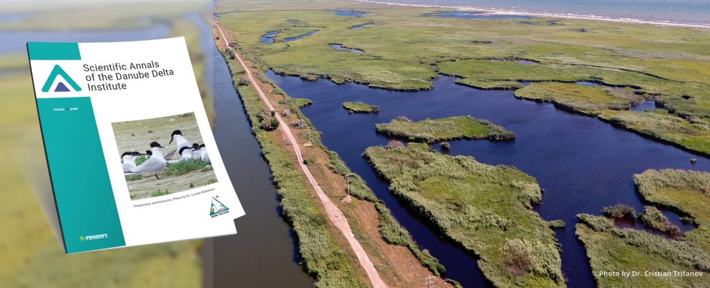 Aerial photo of the Danube Delta featuring wetlands and waterways, alongside the cover of the Scientific Annals of the Danube Delta Institute.