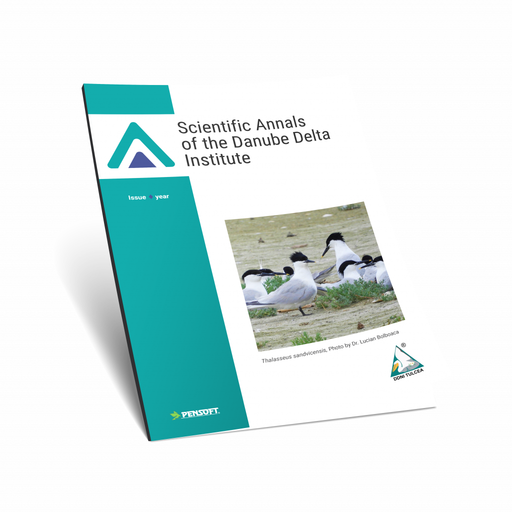 A magazine cover titled "Scientific Annals of the Danube Delta Institute," featuring birds on a sandy shore and a professional photo credit.